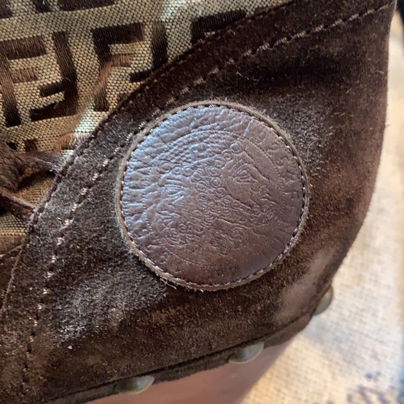 FENDI Logo Wood Platform Fur Lined Brown Winter Boots 37 studded Rare - Picture 3 of 14